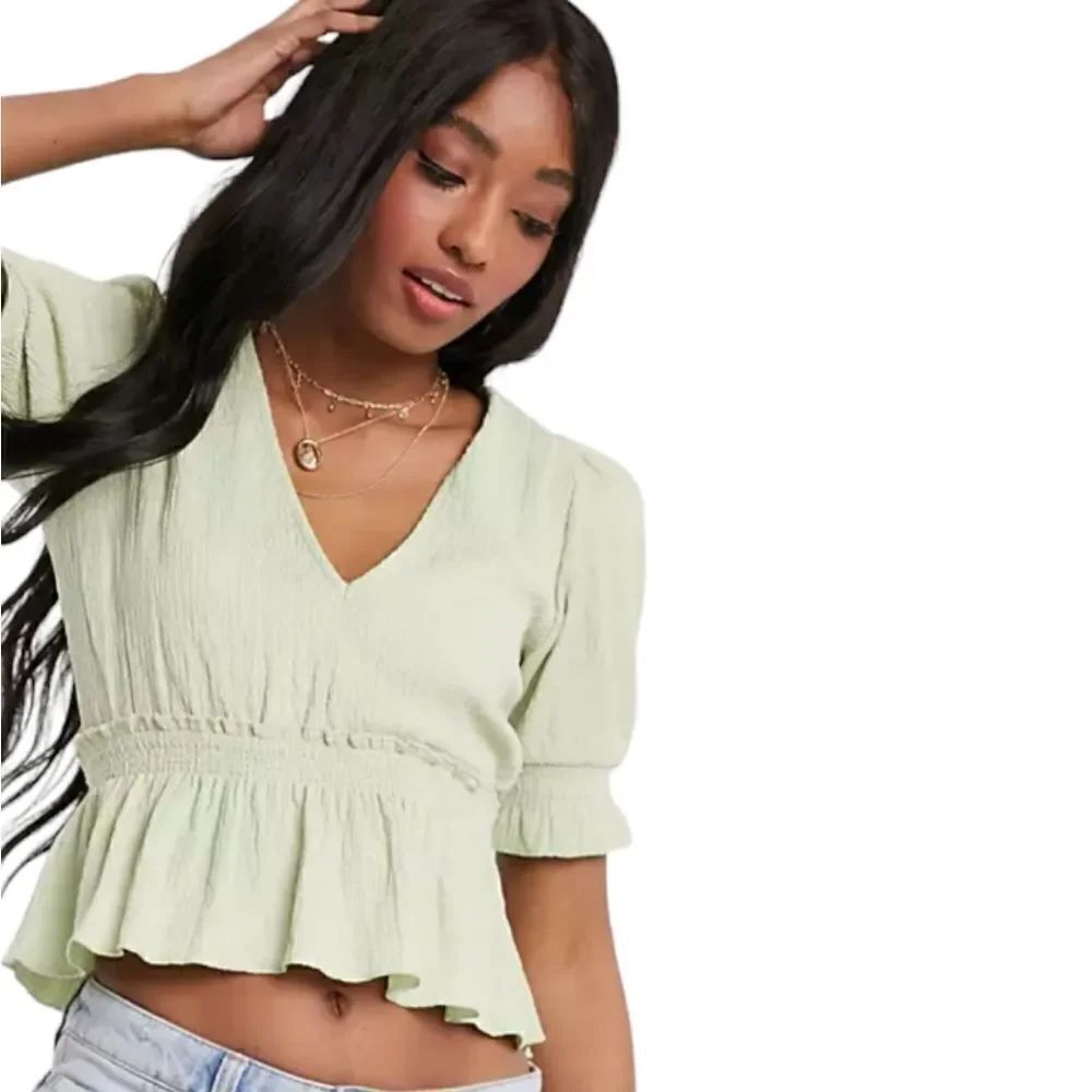 Pull & Bear Frill Detail Top in Pale Sage Green Women's Size Small